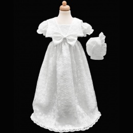 Baby Girls White Bow Flower Lace Long Gown & Bonnet